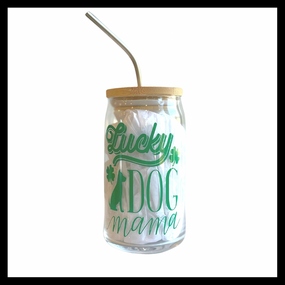 Lucky Dog Mom Glass Cup